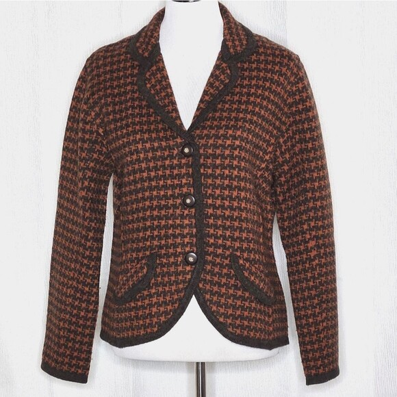 David Brooks Vintage Pumpkin Brown Houndstooth Lambs Wool Knit Blazer Sweater - Picture 1 of 14